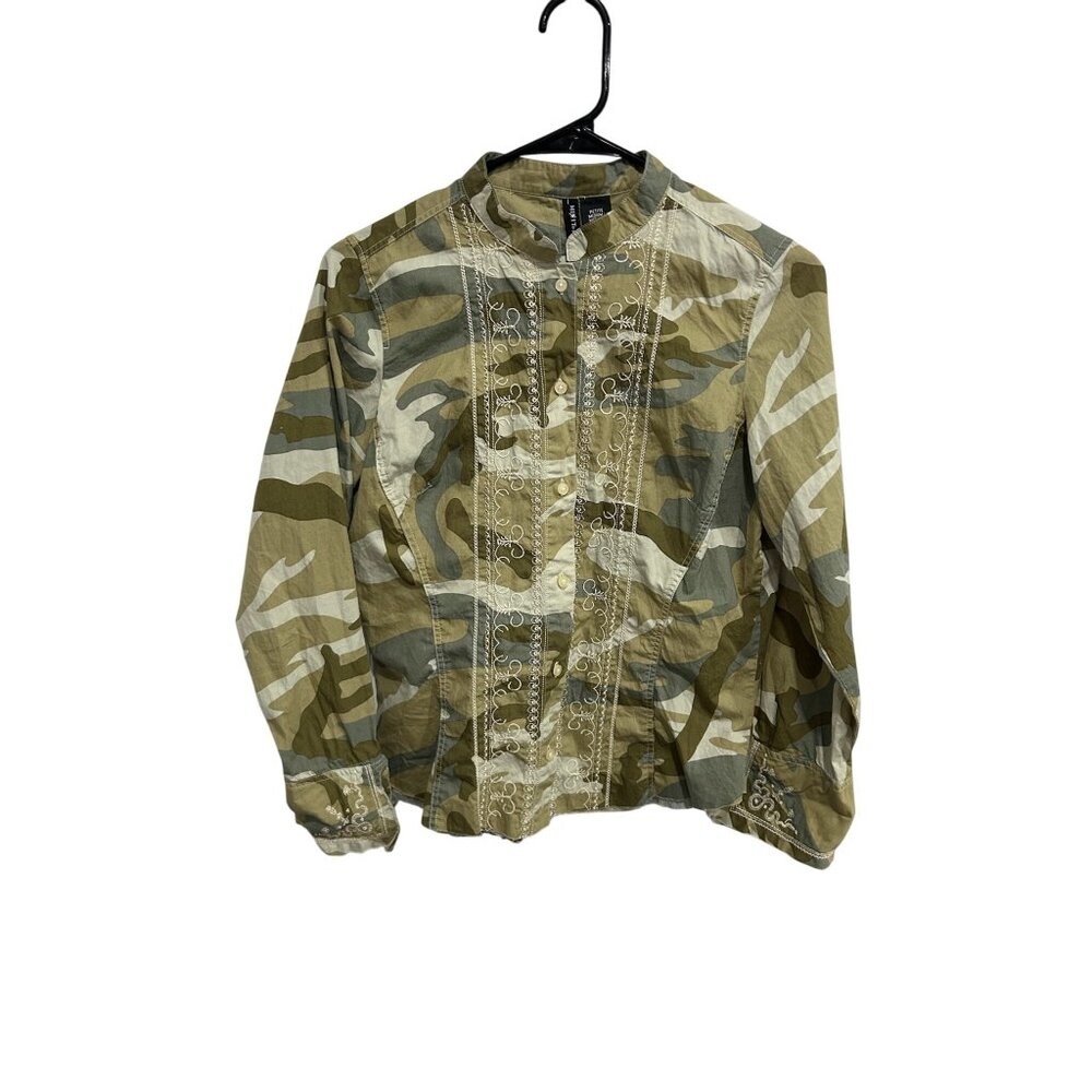 Mixit Camo Embroidered Button Front Shirt Green Sz Medium Petite Utility Army